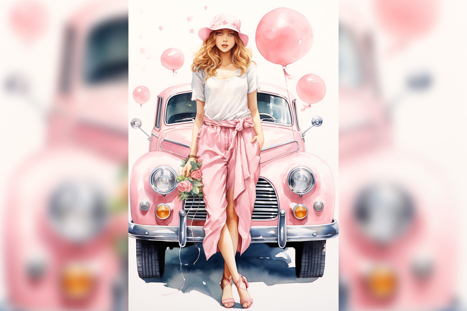 Girl on Pink Retro car with Pink Balloon Celebrating Valentine day 10