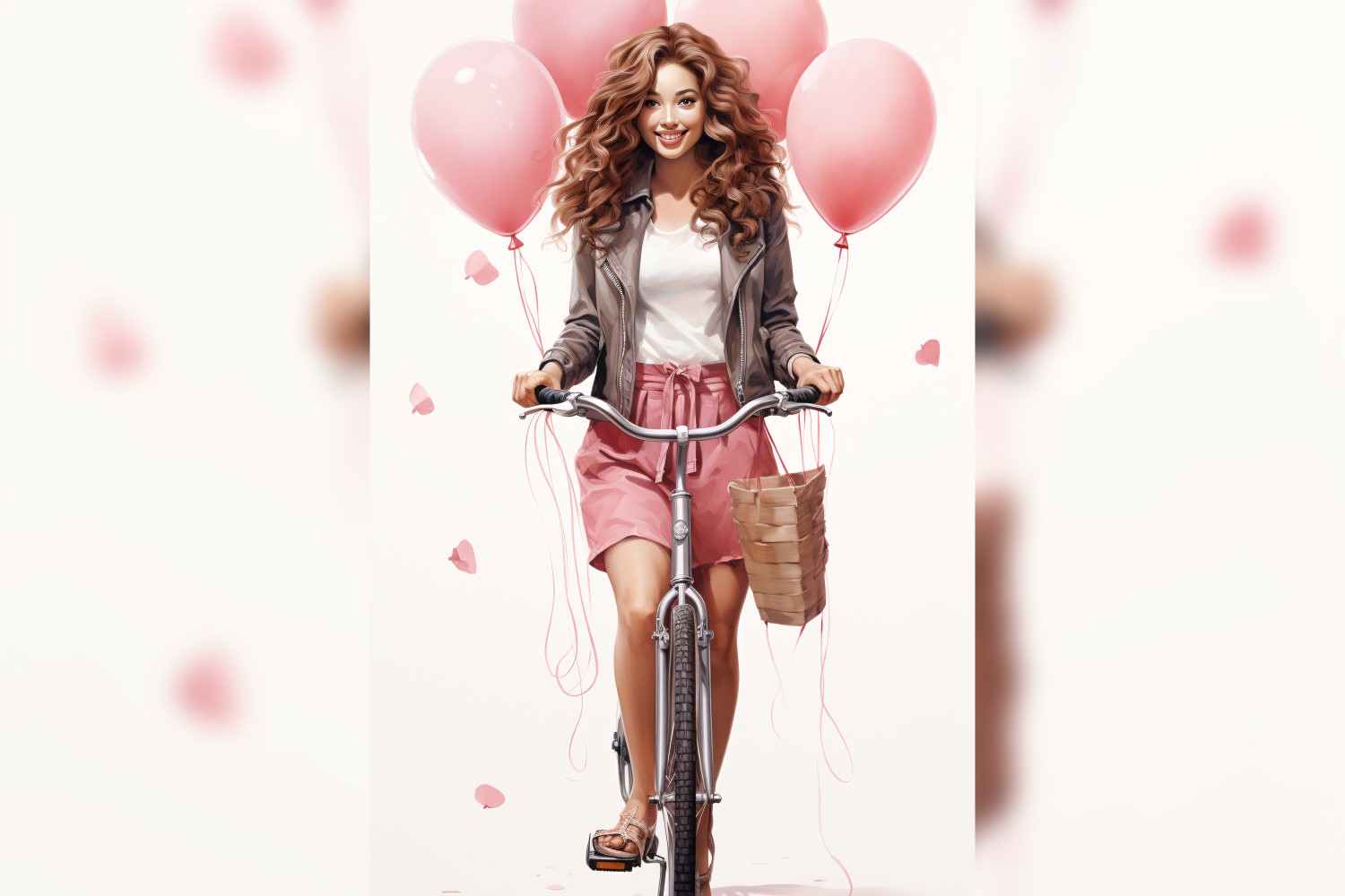 Girl on Cycle with Pink Balloon Celebrating Valentine day  08