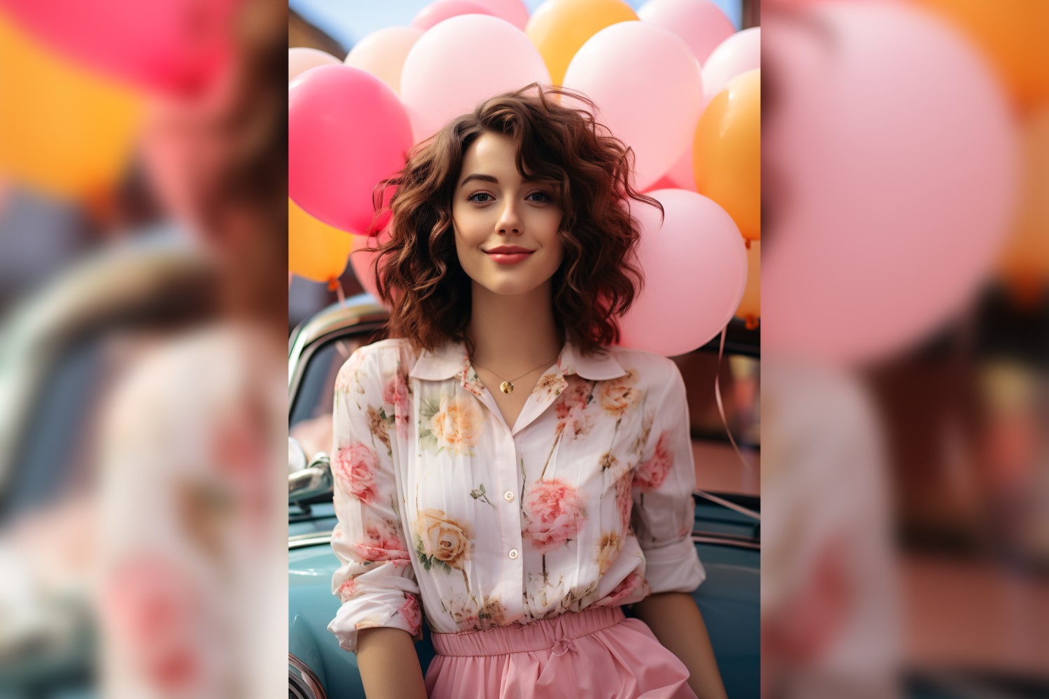 Girl on Blue Retro car with Pink Balloon Celebrating Valentine day 01