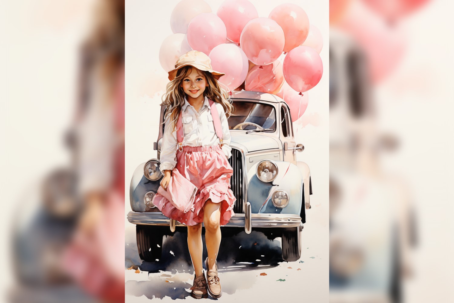 Girl on Blue Retro car with Pink Balloon Celebrating Valentine day 03