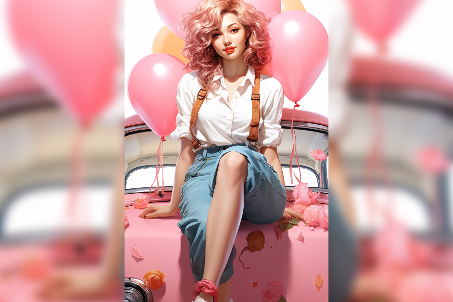 Girl on Pink Retro car with Pink Balloon Celebrating Valentine day 14