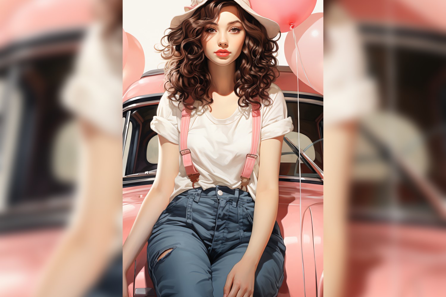 Girl on Pink Retro car with Pink Balloon Celebrating Valentine day 15