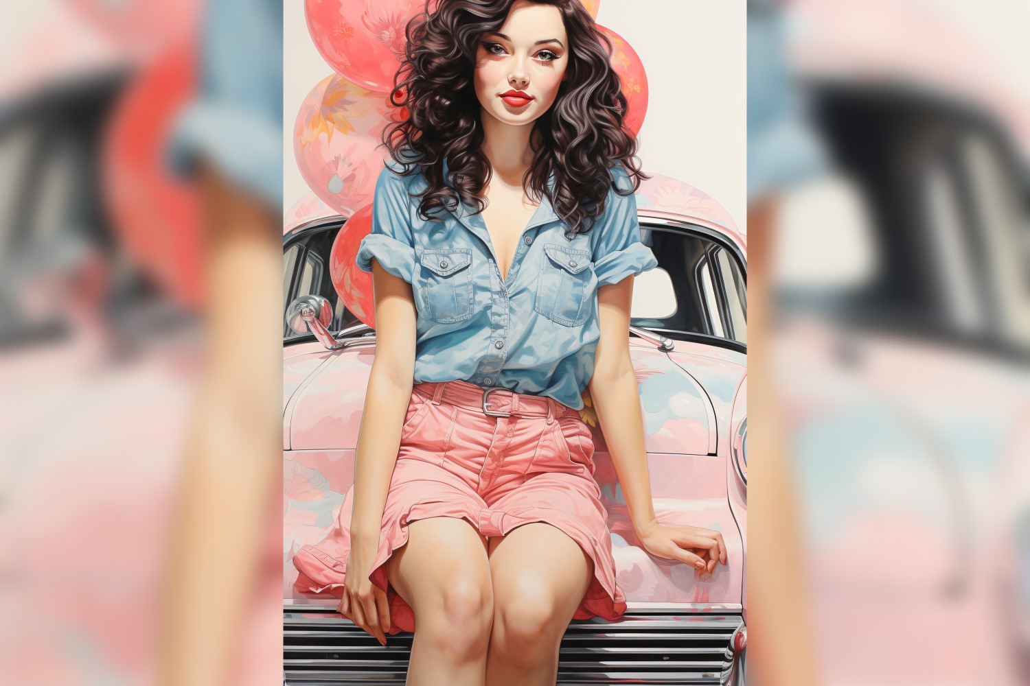 Girl on Pink Retro car with Pink Balloon Celebrating Valentine day 17