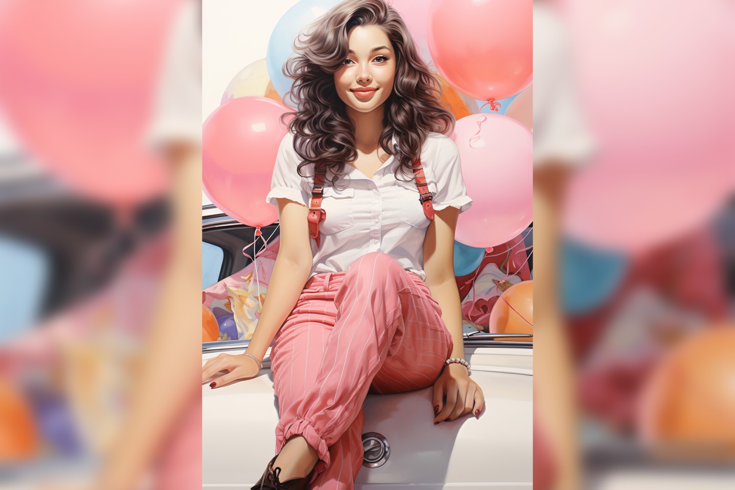 Girl on Pink Retro car with Pink Balloon Celebrating Valentine day 18