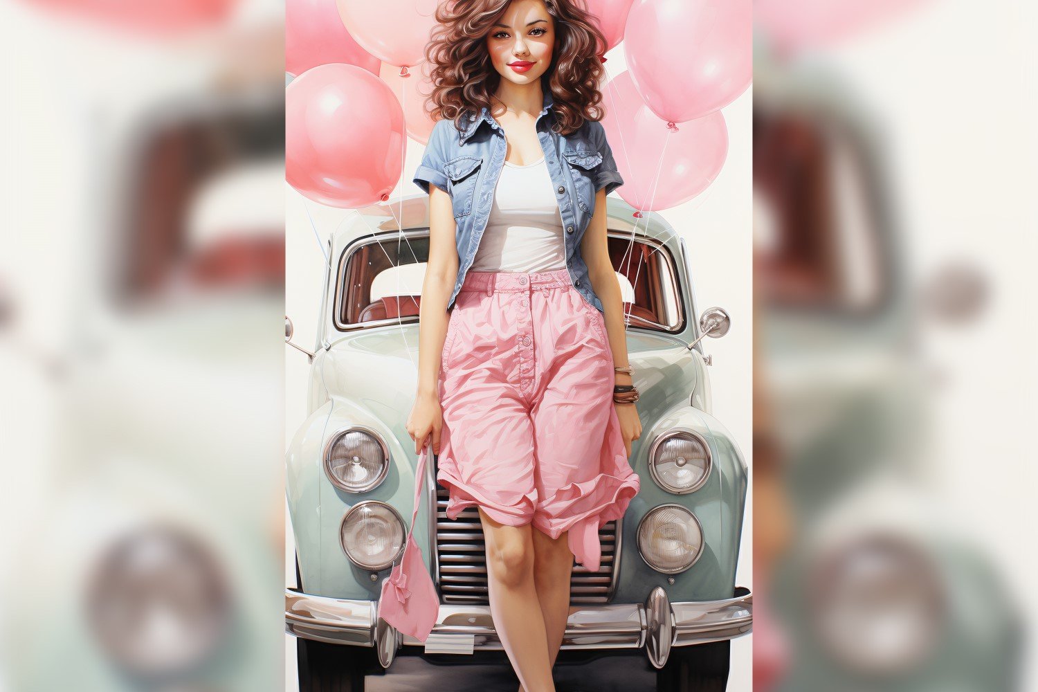 Girl on Pink Retro car with Pink Balloon Celebrating Valentine day 20