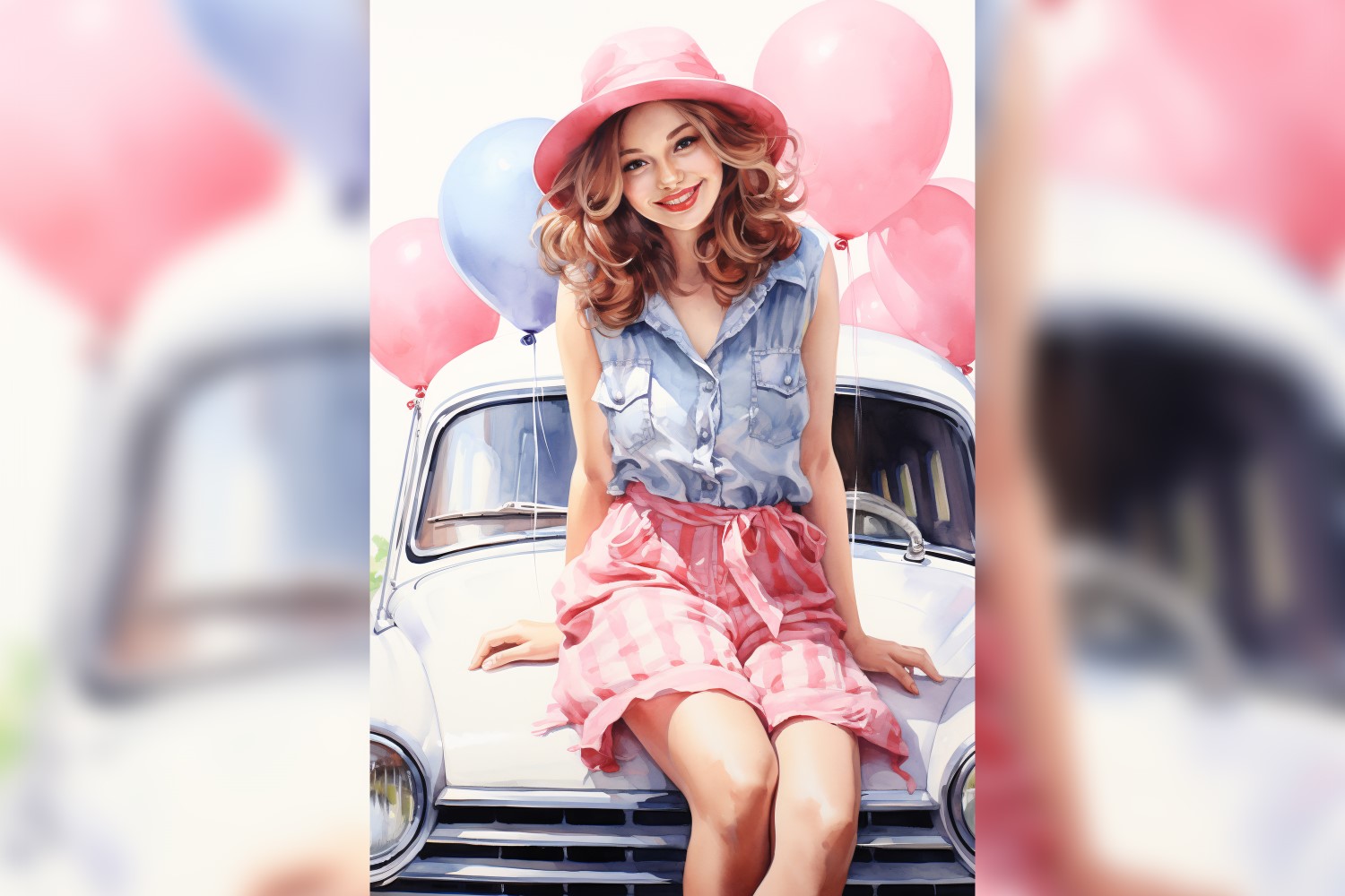 Girl on Pink Retro car with Pink Balloon Celebrating Valentine day 23