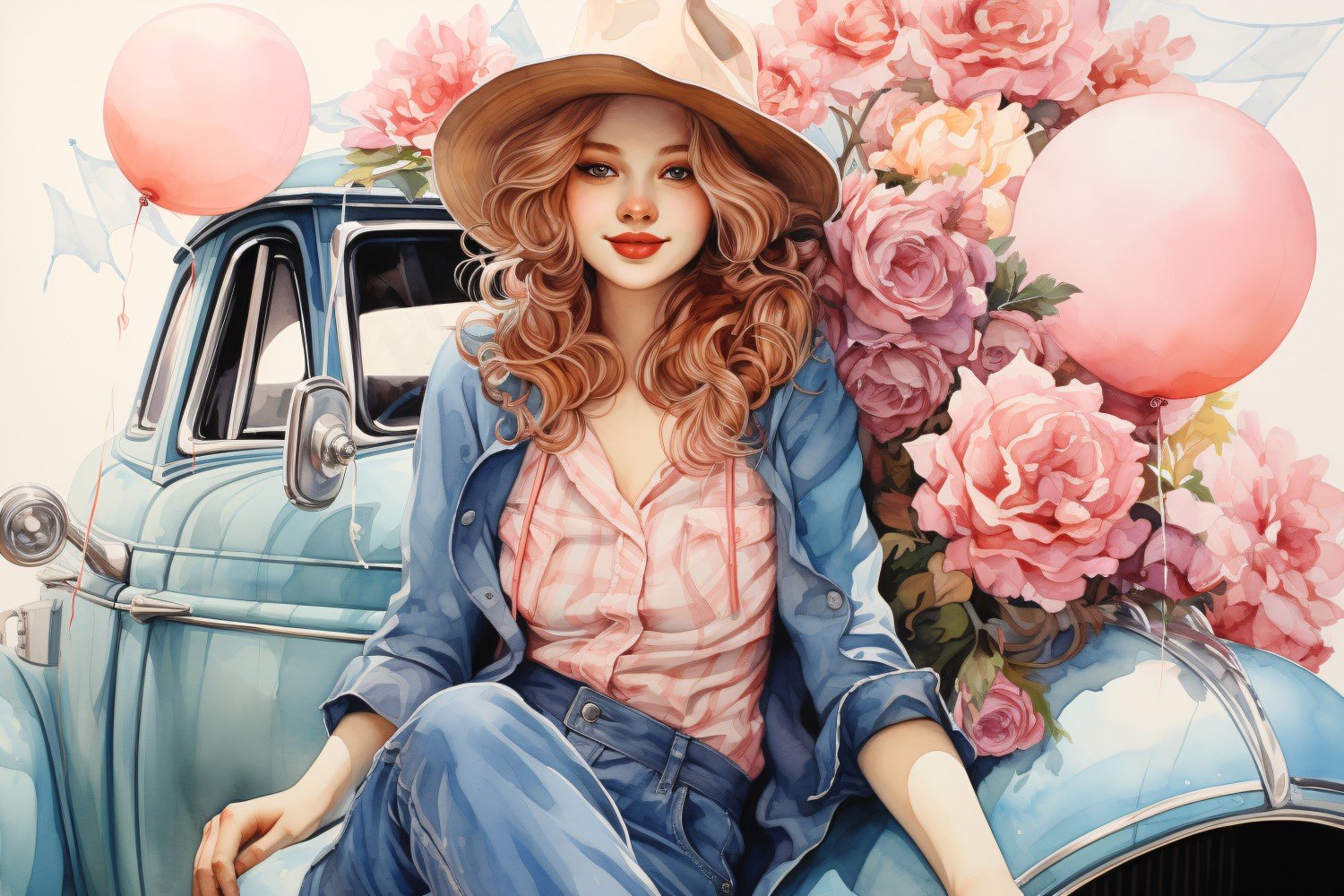 Girl on Blue Retro car with Pink Balloon Celebrating Valentine day 07