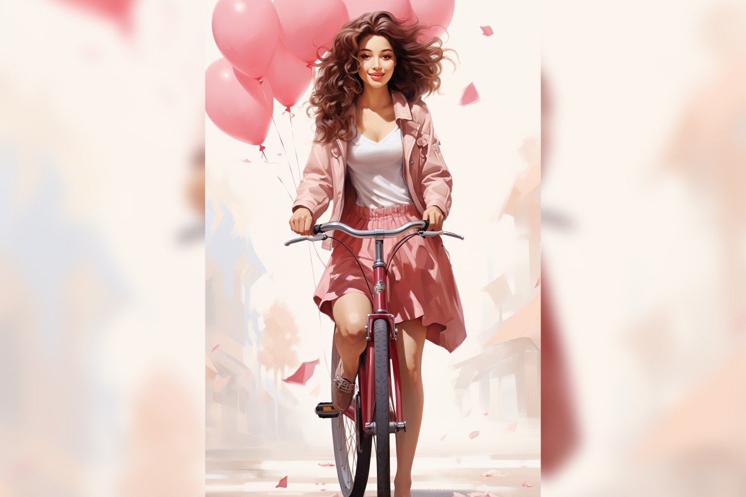 Girl on Cycle with Pink Balloon Celebrating Valentine day  17