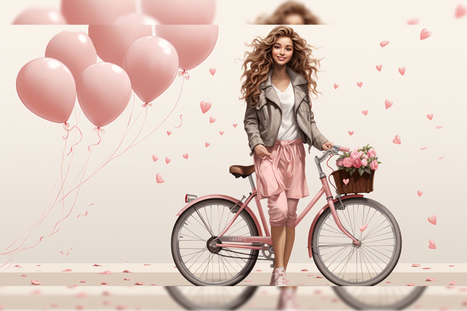 Girl on Cycle with Pink Balloon Celebrating Valentine day 23