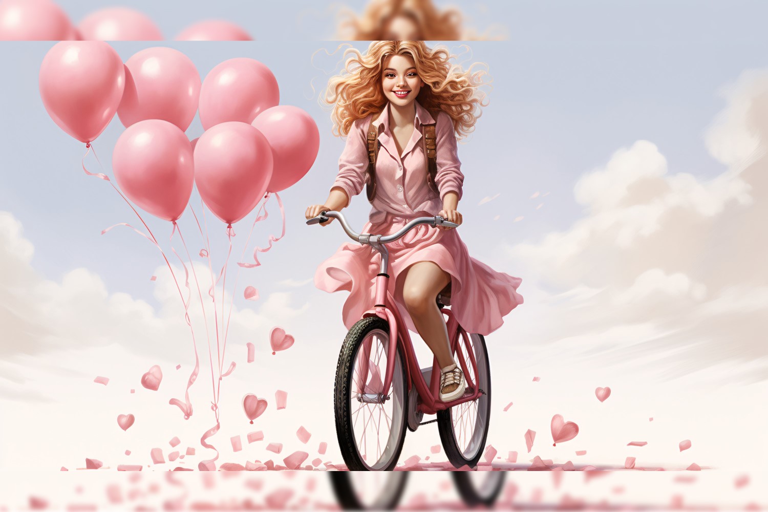 Girl on Cycle with Pink Balloon Celebrating Valentine day 24