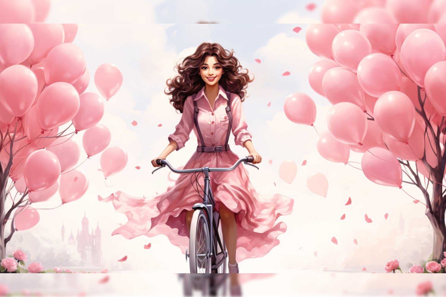 Girl on Cycle with Pink Balloon Celebrating Valentine day 25