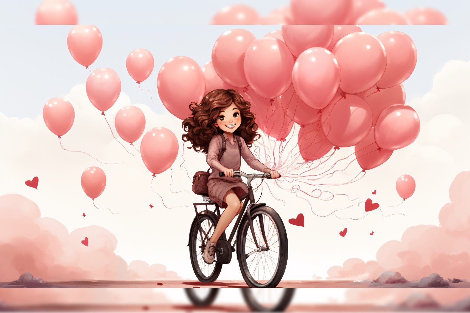 Girl on Cycle with Pink Balloon Celebrating Valentine day 26