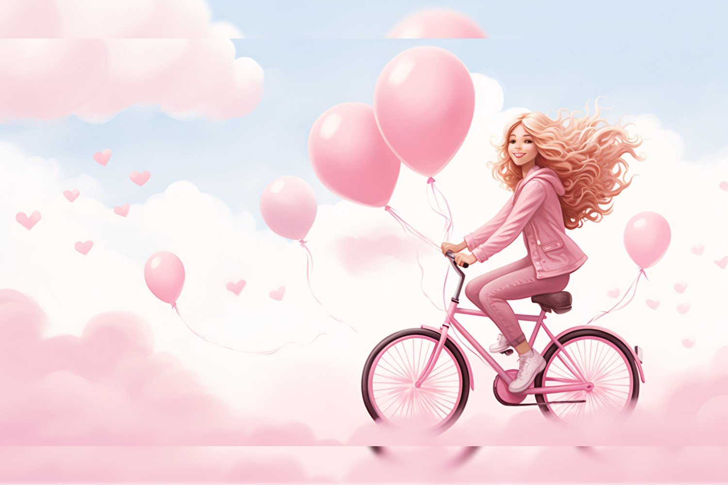 Girl on Cycle with Pink Balloon Celebrating Valentine day 28