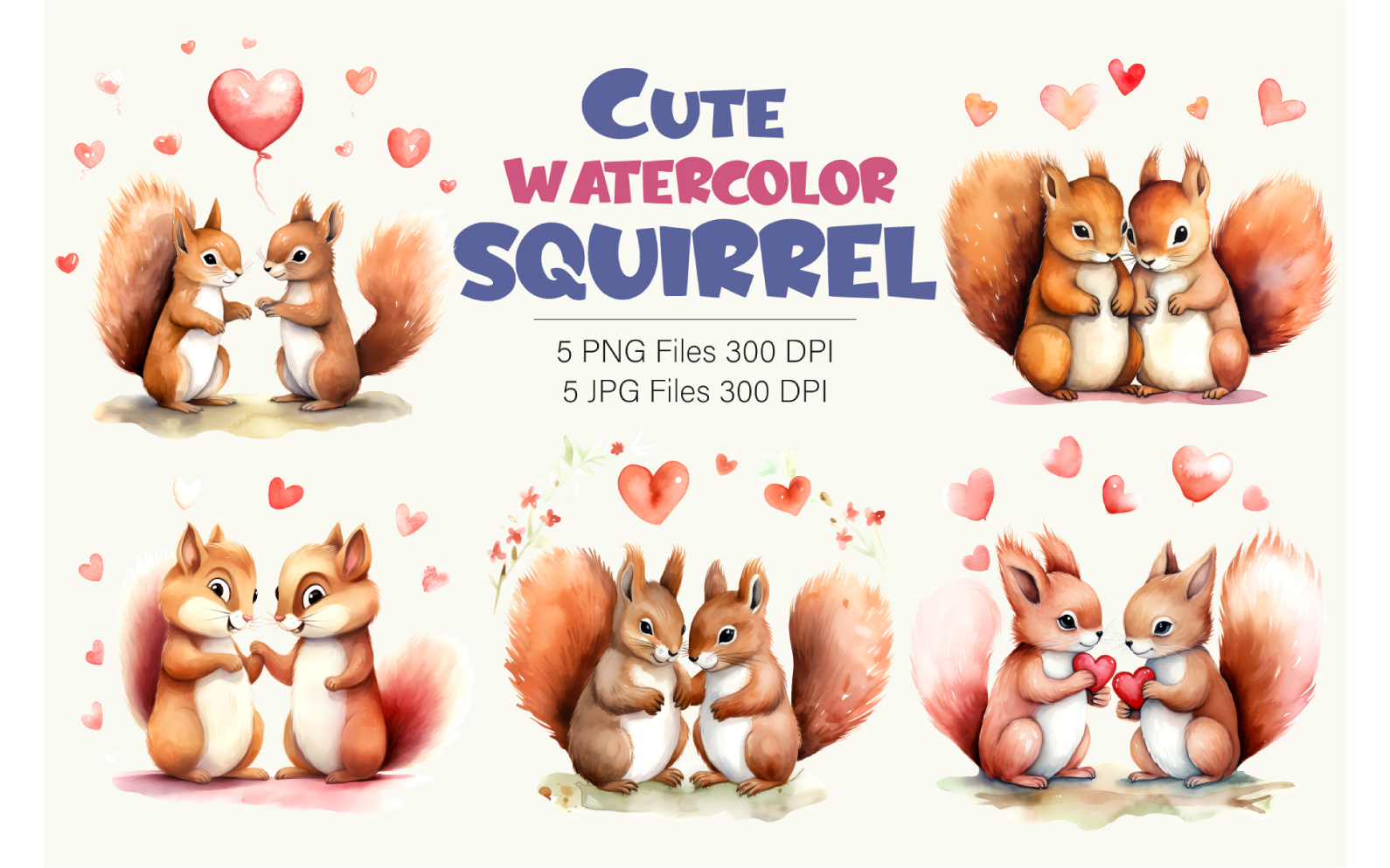 Cute Squirrels for Valentines Day. Watercolor.