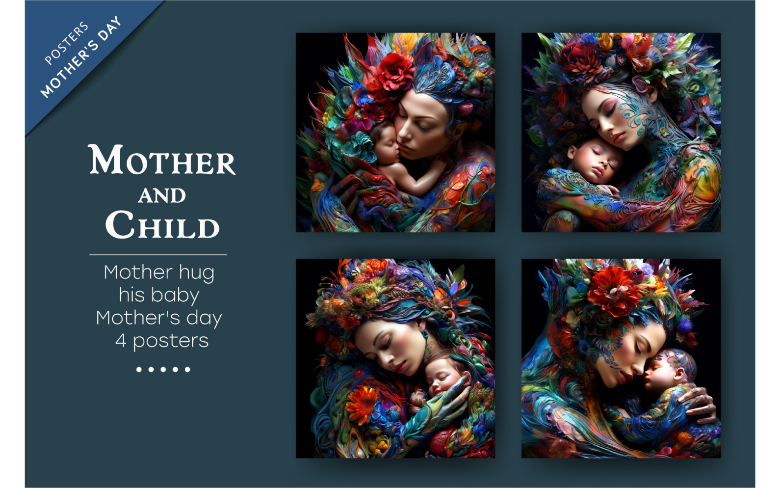 Colorful posters of mother and child. Psychedelic.