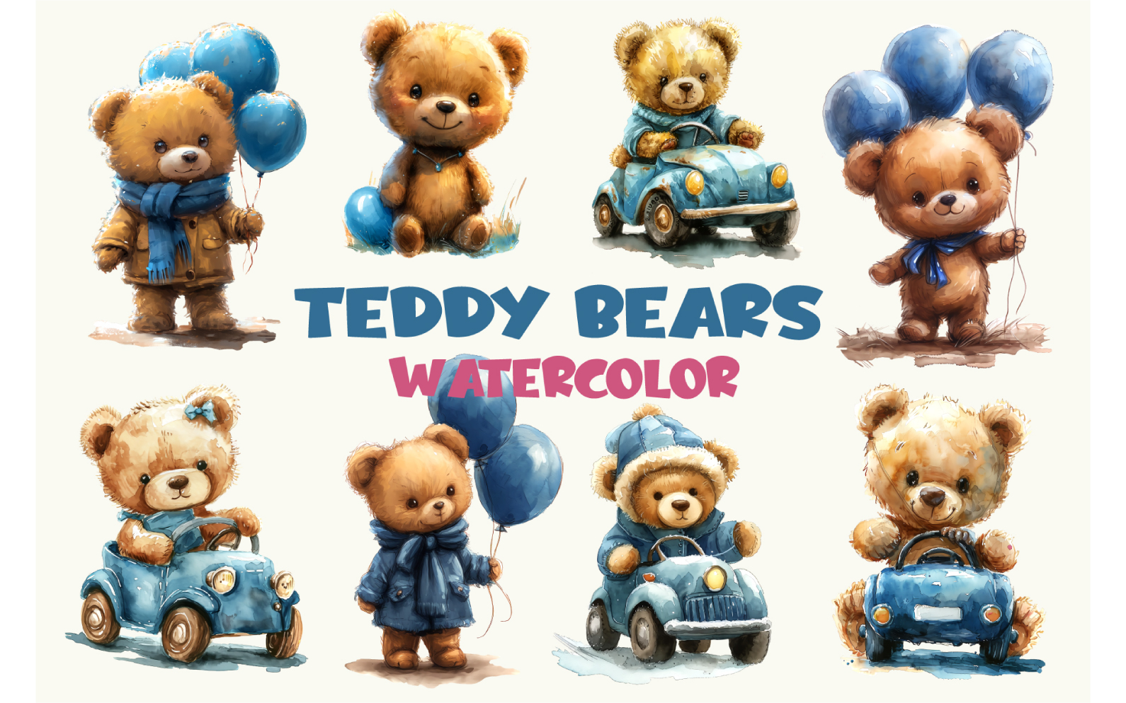 Cute Teddy Bears. Watercolor.