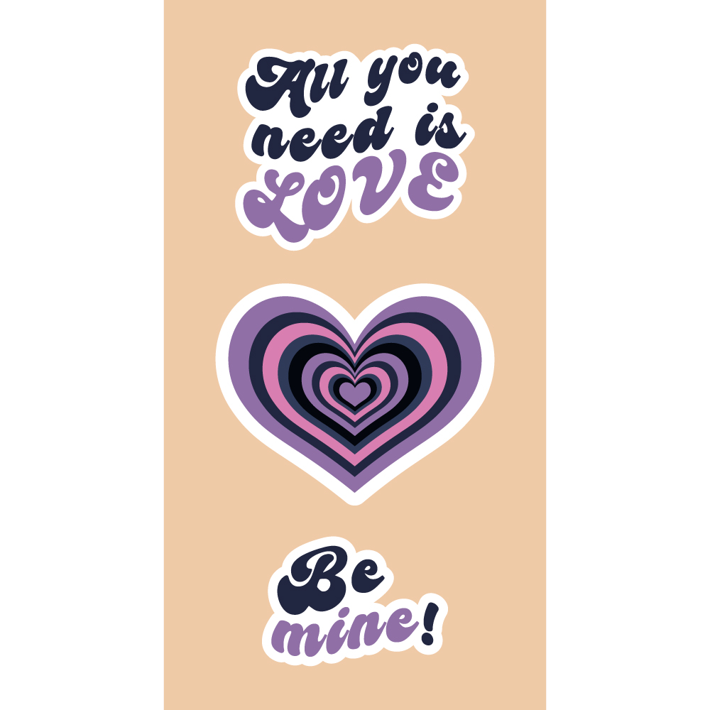 Retro purple stickers set for Valentine's Day