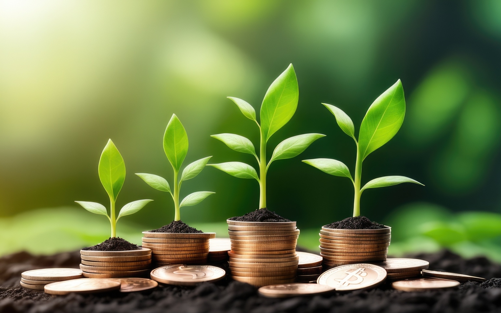 Premium Business Growing Plants on Coins Stacked on Green Blurred Background 21