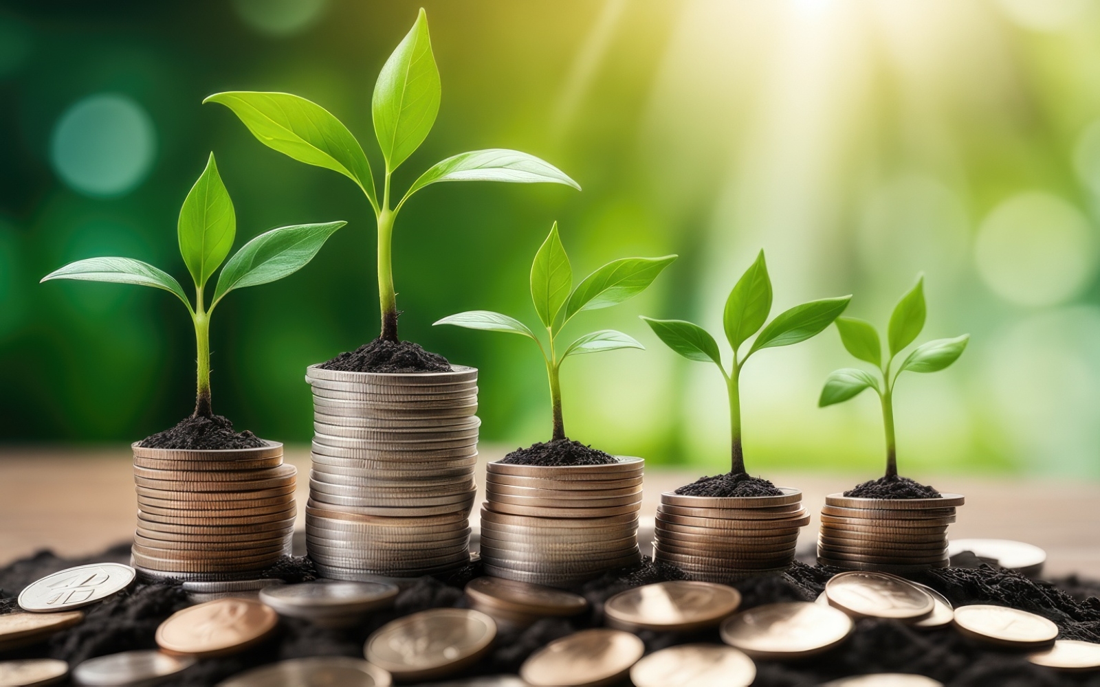 Premium Business Growing Plants on Coins Stacked on Green Blurred Background 22