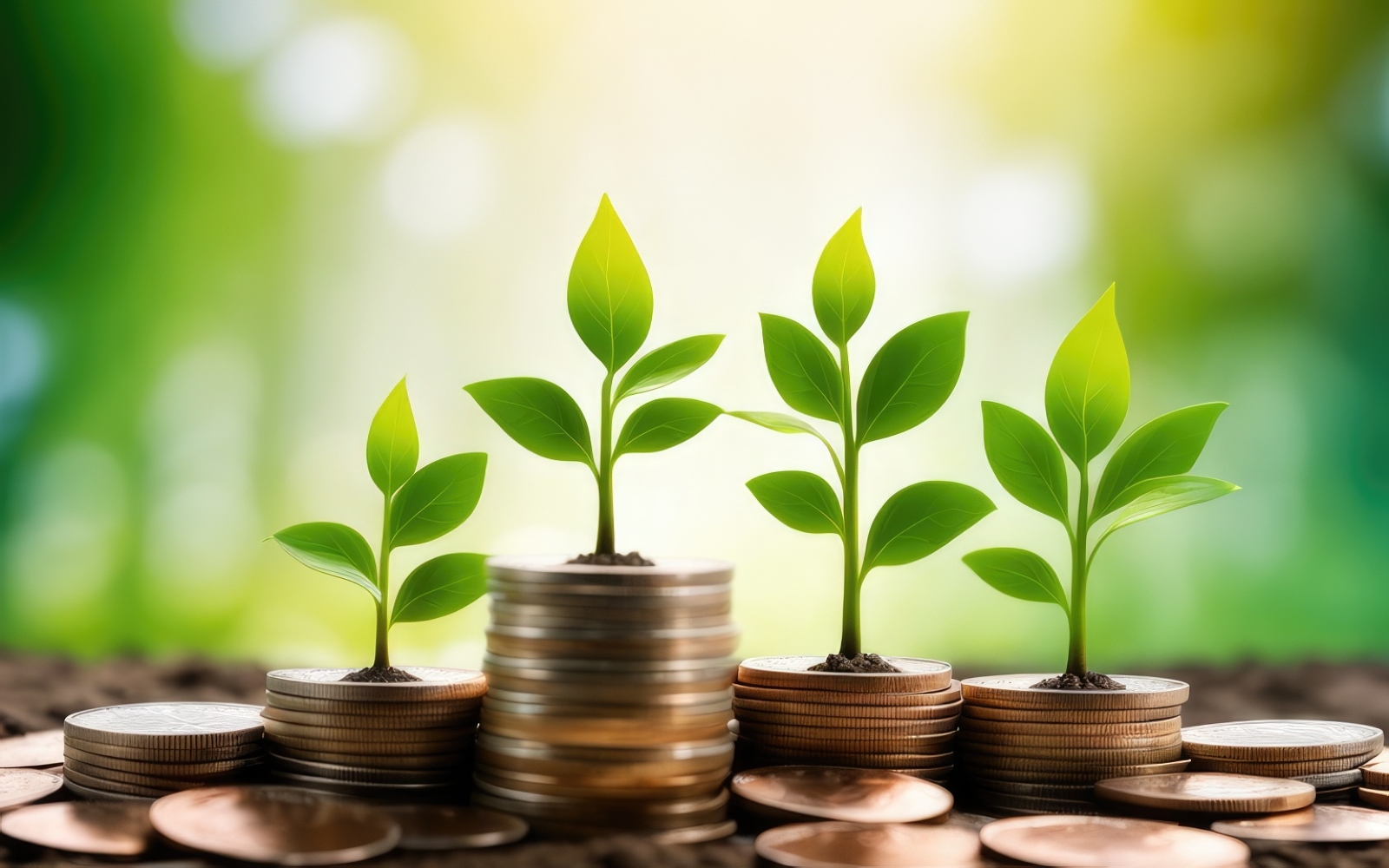 Premium Business Growing Plants on Coins Stacked on Green Blurred Background 23