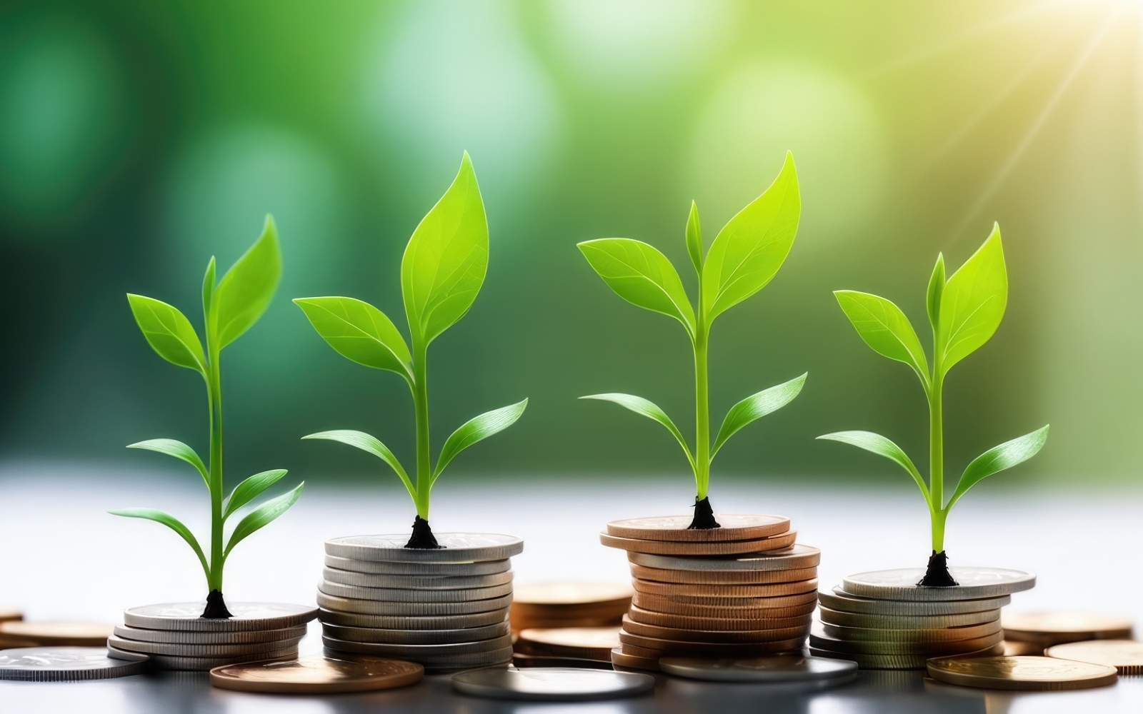 Premium Business Growing Plants on Coins Stacked on Green Blurred Background 30