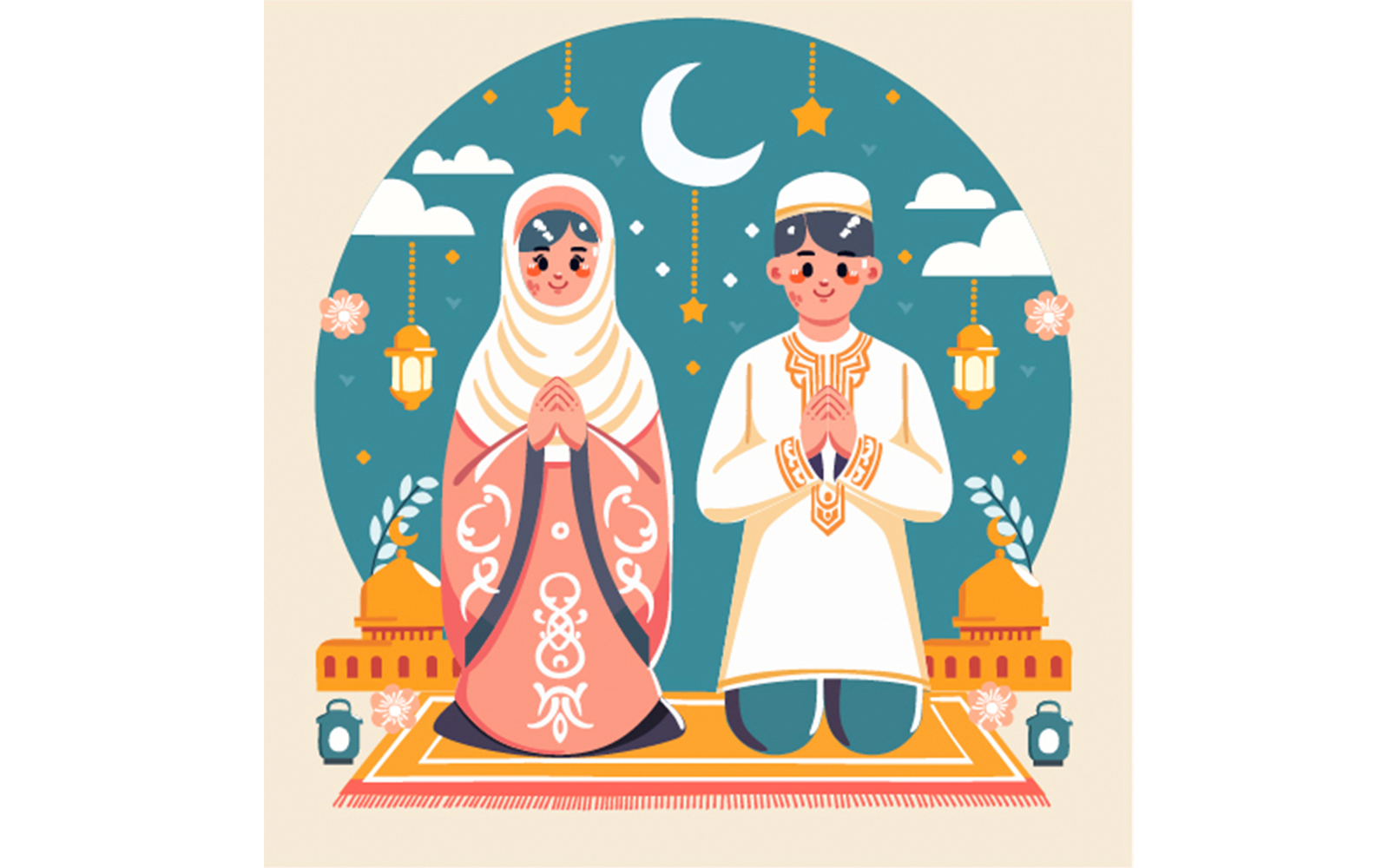 Ramadan Kareem Greeting Celebration with Muslim Characters