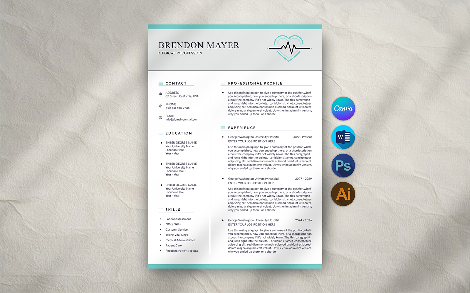 Medical Resume Template Canva & Word