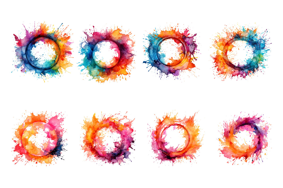 Colorful watercolor ink splash frame set PNG