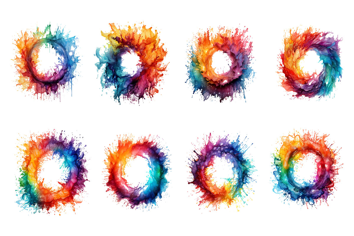 Watercolor ink splash circle frame set PNG