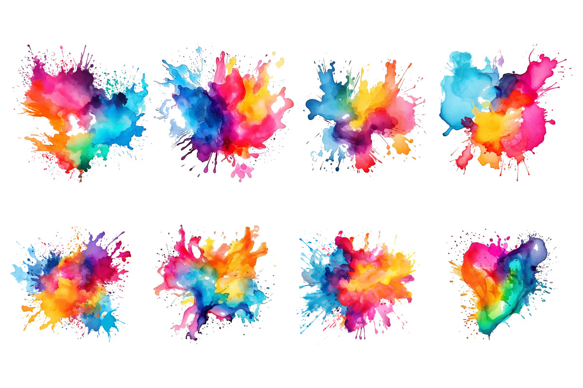 Colorful rainbow watercolor paint splash explosion transparent png background set