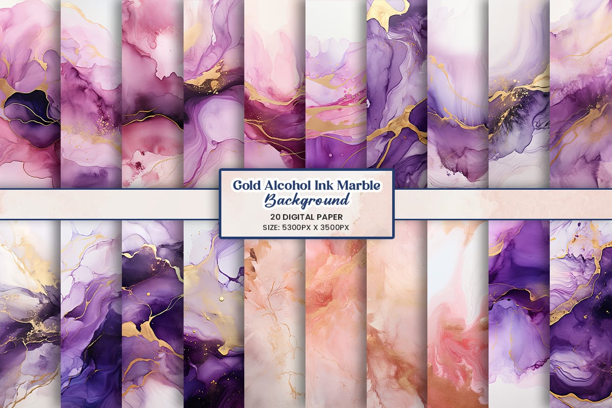 Purple marble alcohol ink painting gold glitter texture background