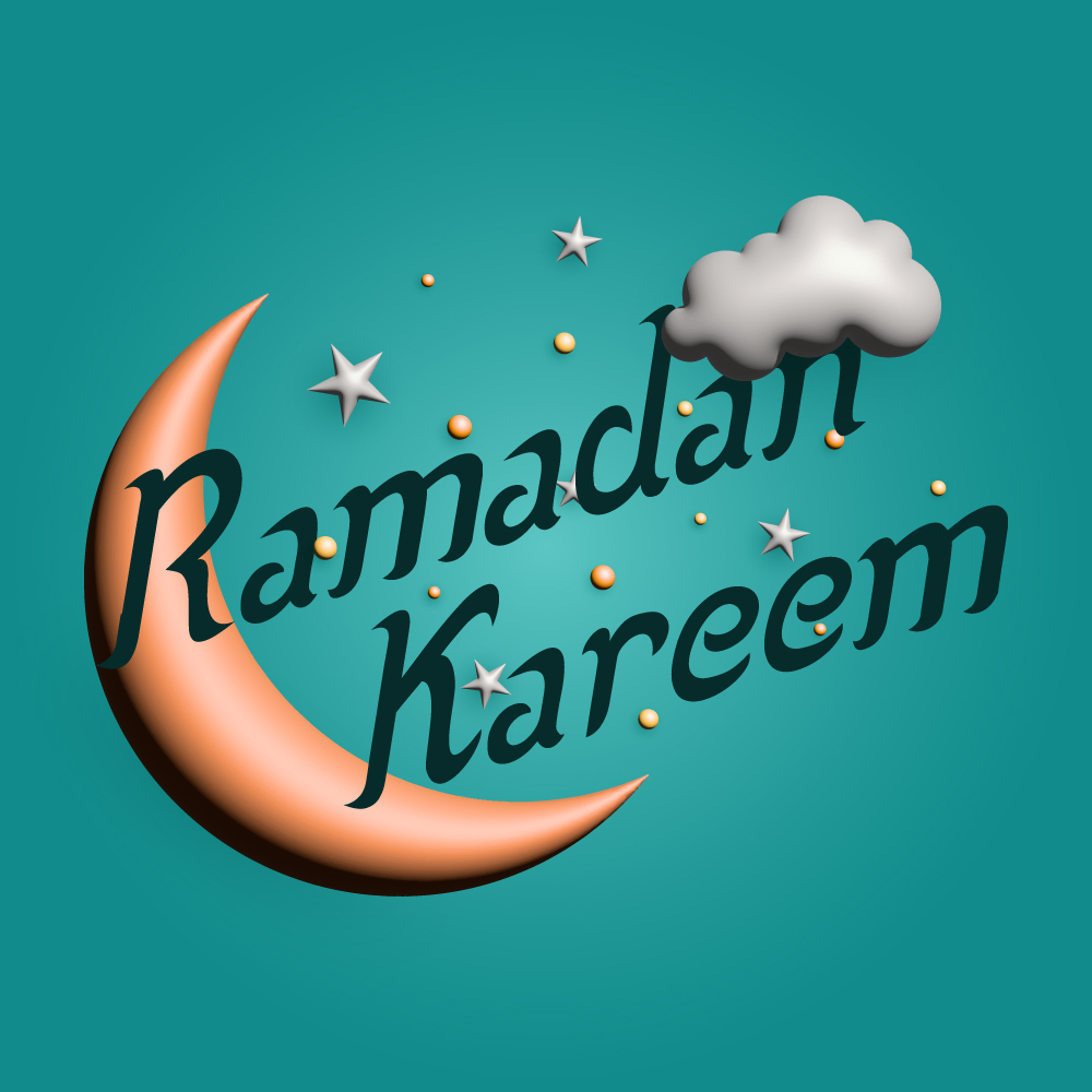 A vector Ramadan minimalistic banner with 3D crescent moon, cloud and stars