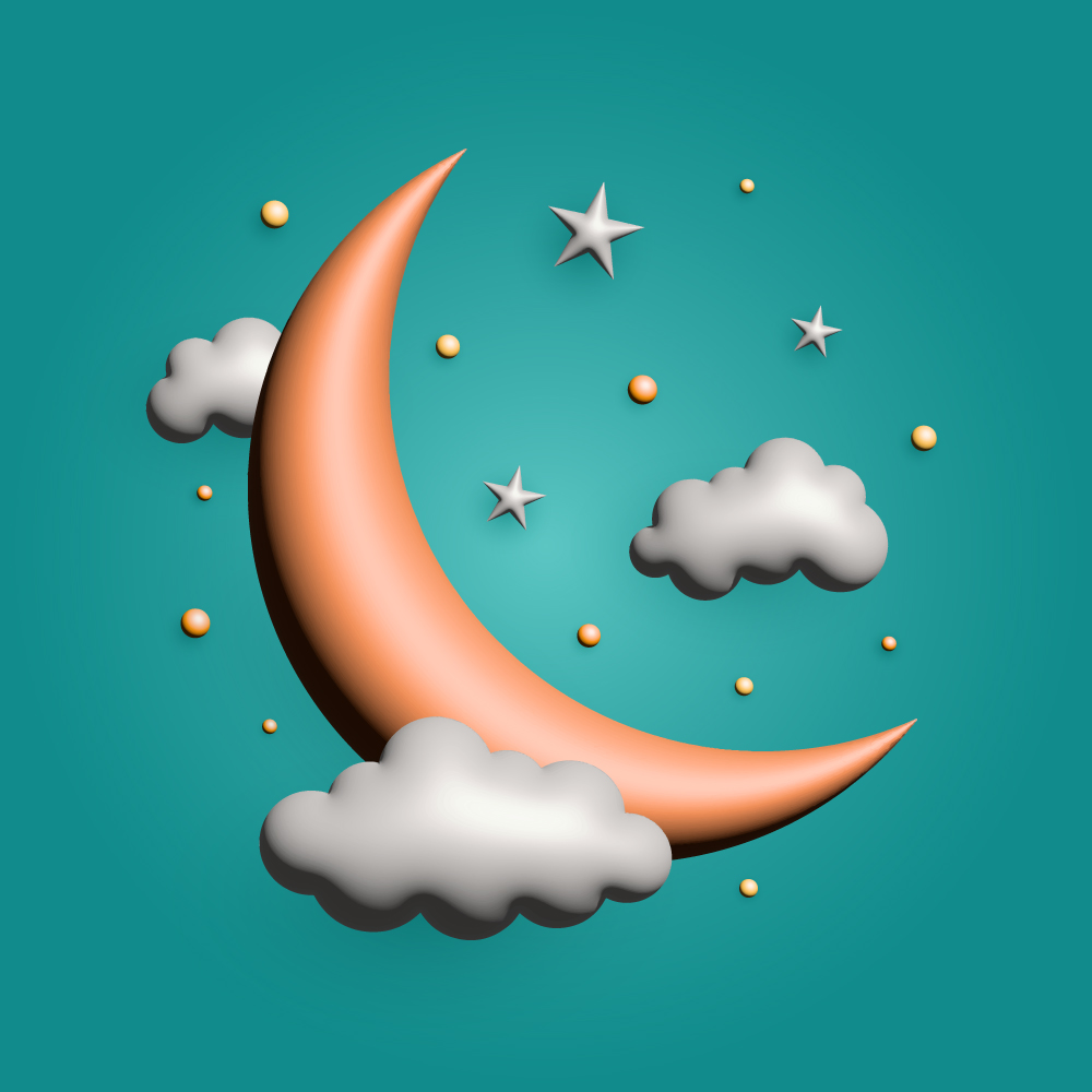 A vector Ramadan 3D crescent moon with stars and clouds
