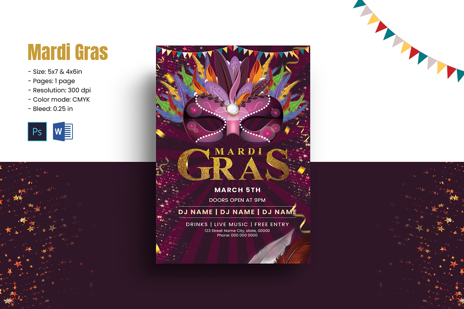 Mardi Gras Party Invitation Flyer Template. Word and Psd