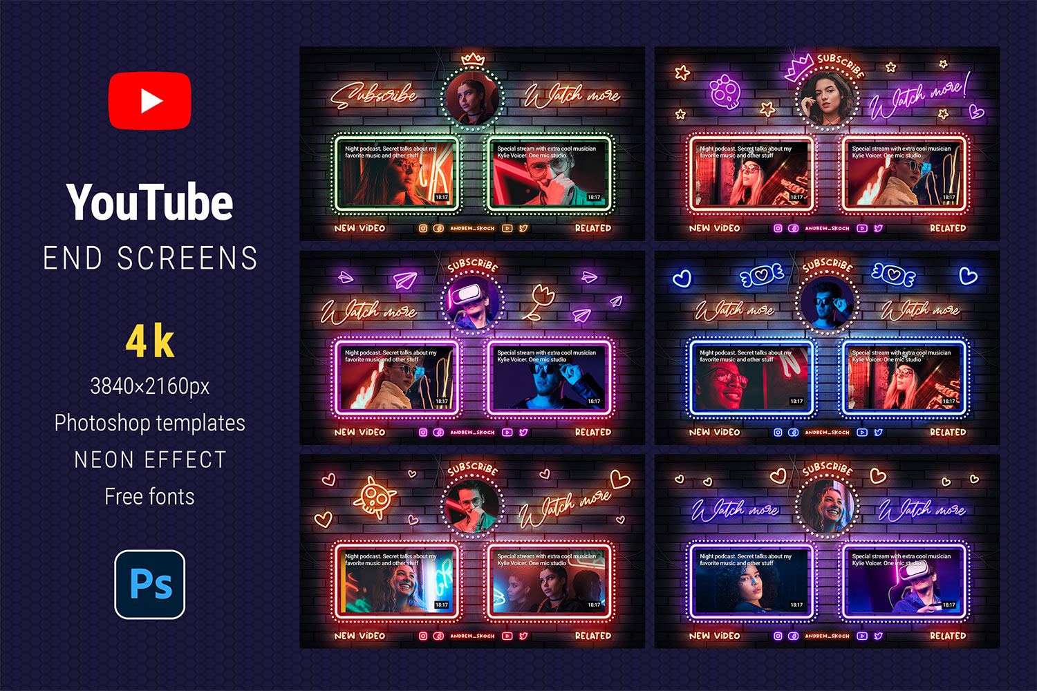 Neon YouTube End Screens for YouTubers