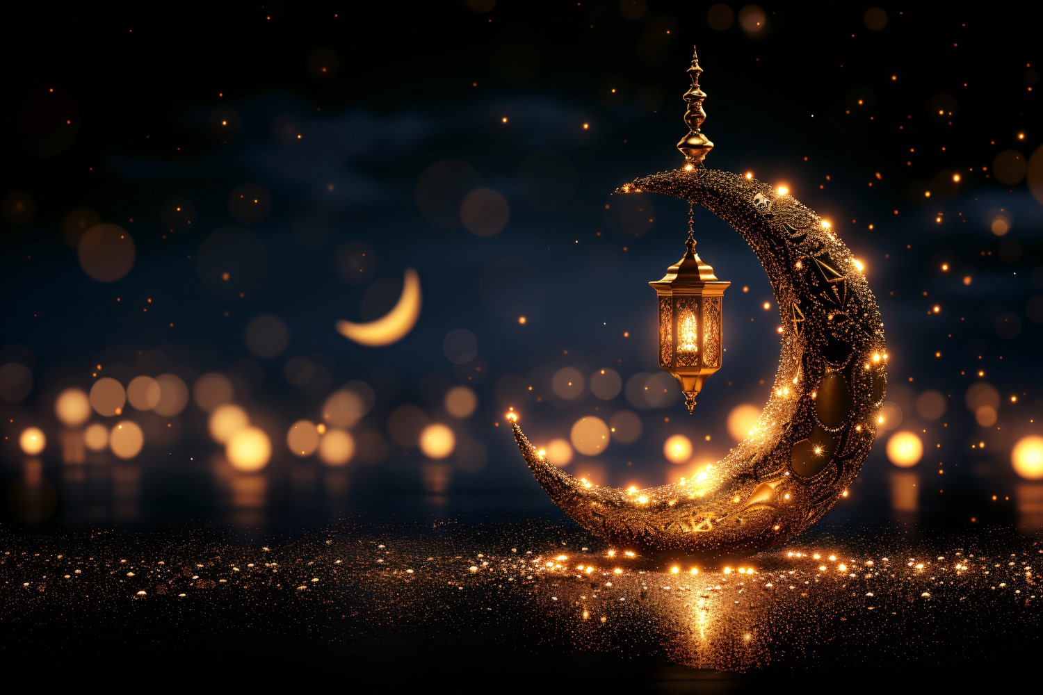 Ramadan greeting banner with Golden Moon & lantern & Golden colors glitter Background