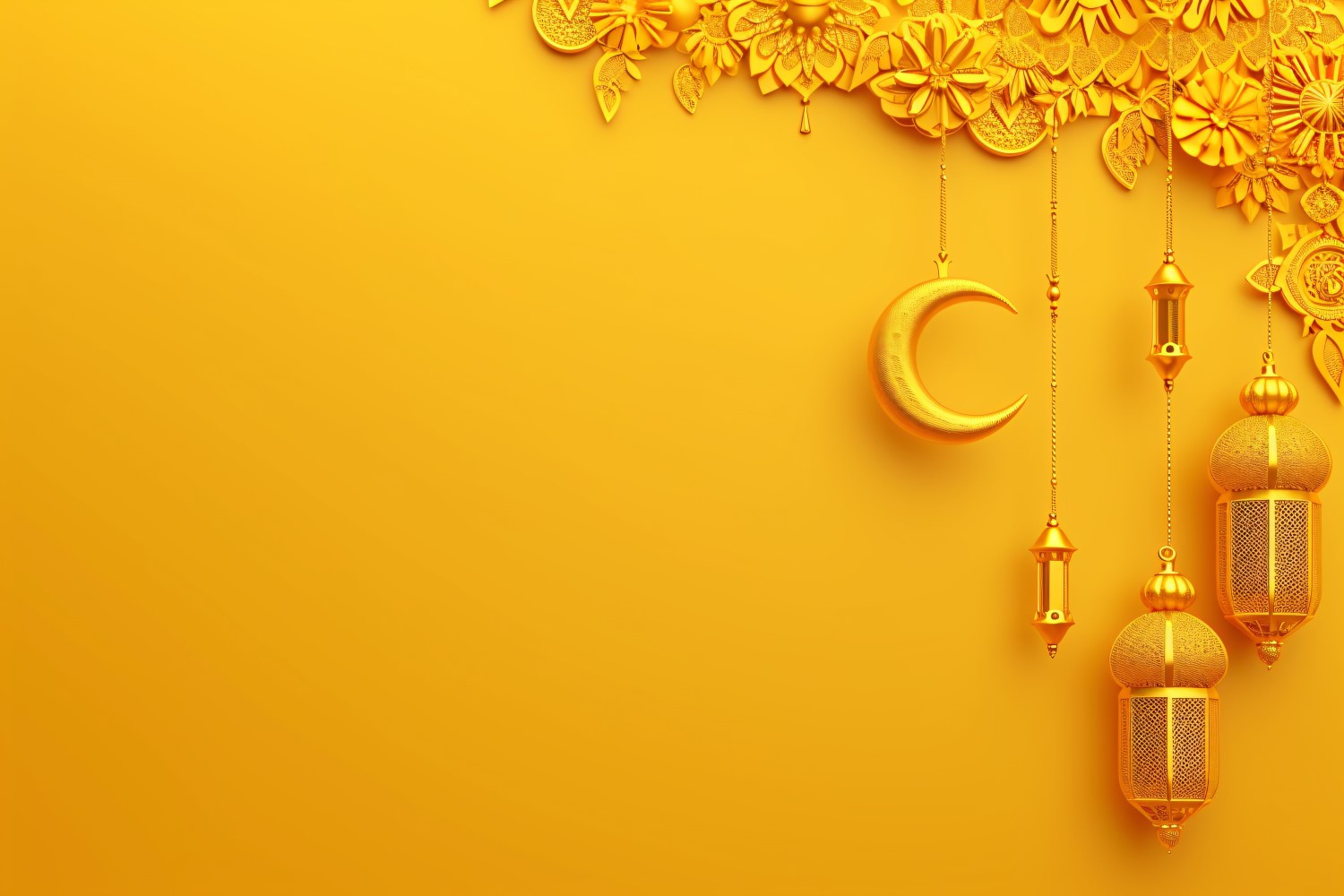 Ramadan Kareem greeting banner design with moon and lantern and flower hinging on the yellow