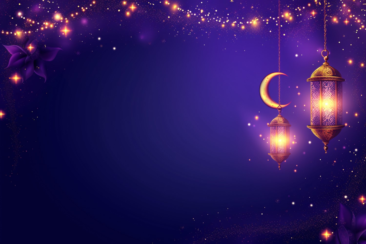 Ramadan Kareem greeting banner design with moon and lantern on dark purple background