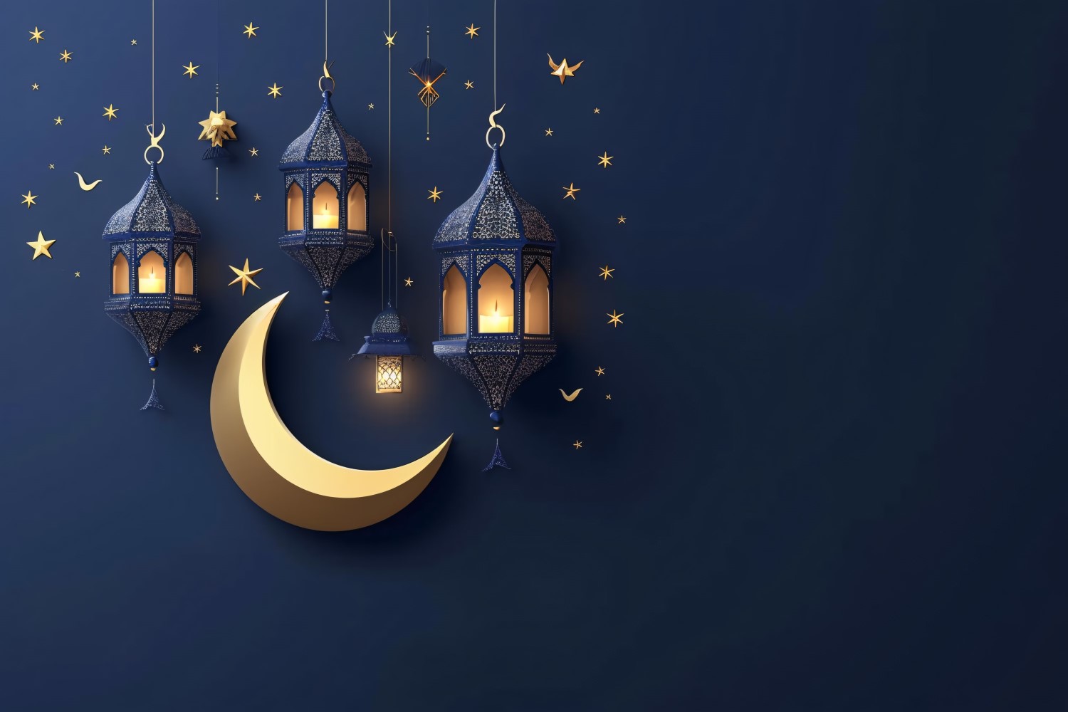 Ramadan Kareem greeting banner design with dark blue lantern & golden moon on the bark blue