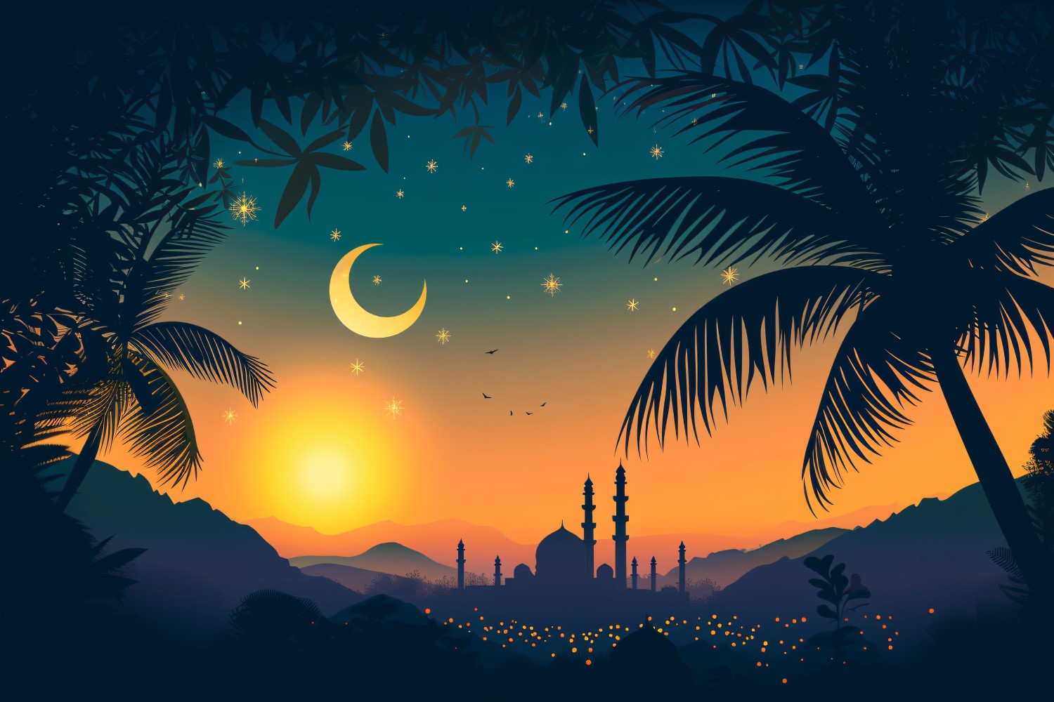 Ramadan Kareem greeting banner design with trees golden moon and Mosque minar