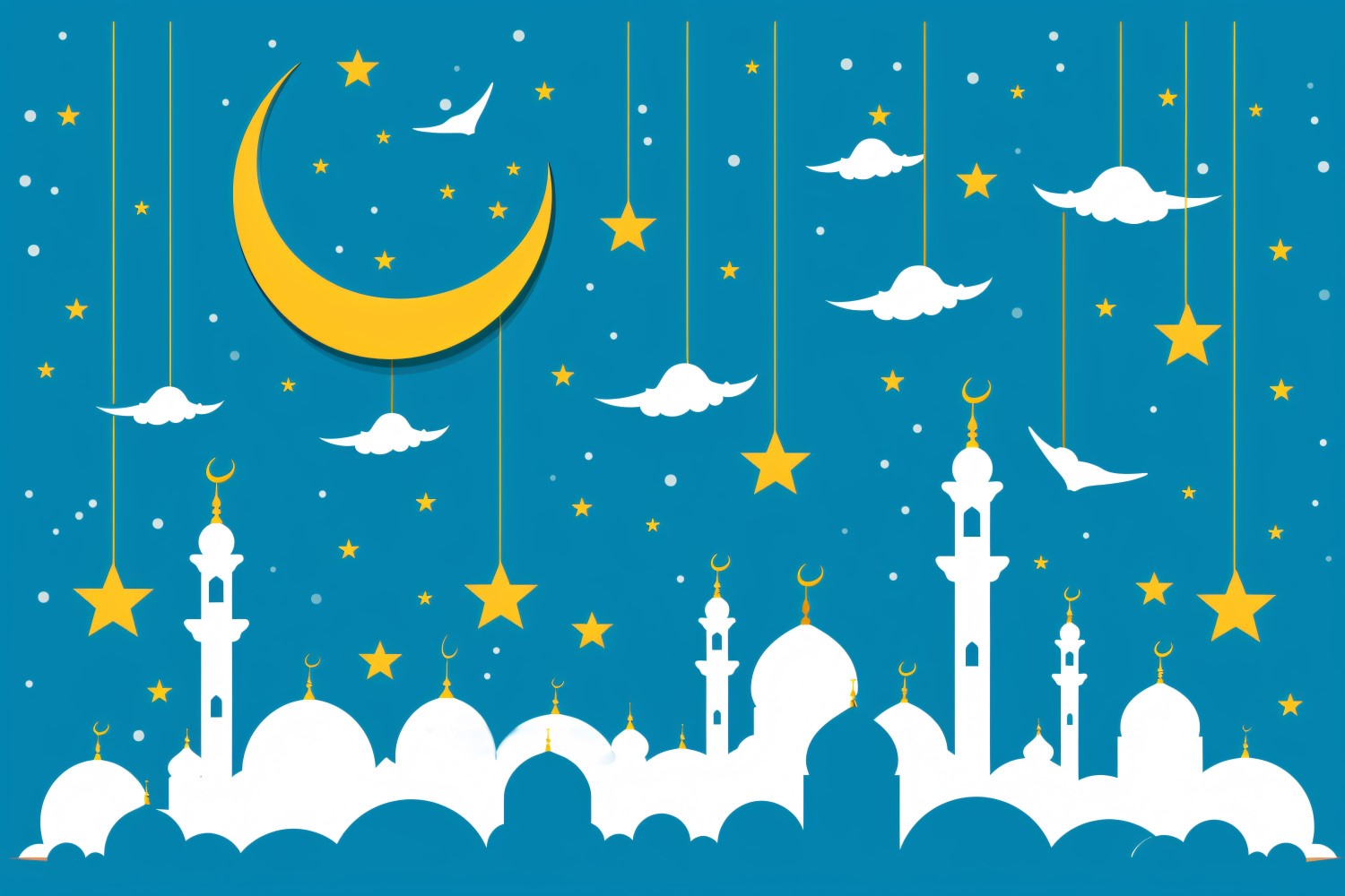 Ramadan Kareem greeting banner design with Golden moon and star and Mosque minar