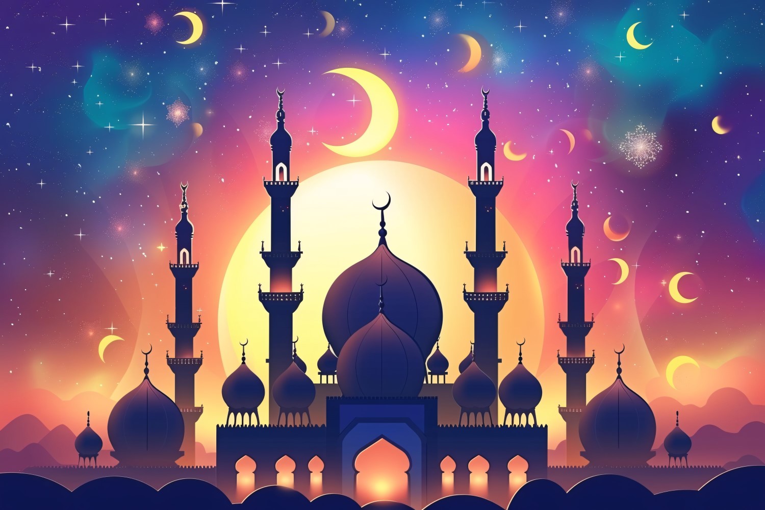 Ramadan Kareem greeting banner design with Golden moon and Mosque minar