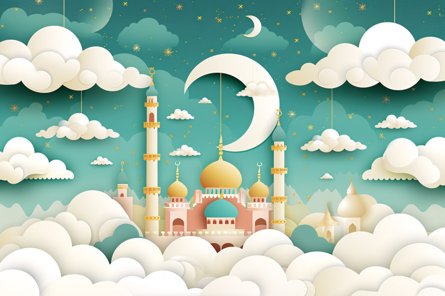 Ramadan Kareem greeting card banner design with white moon and cloud pastel colors Mosque minar