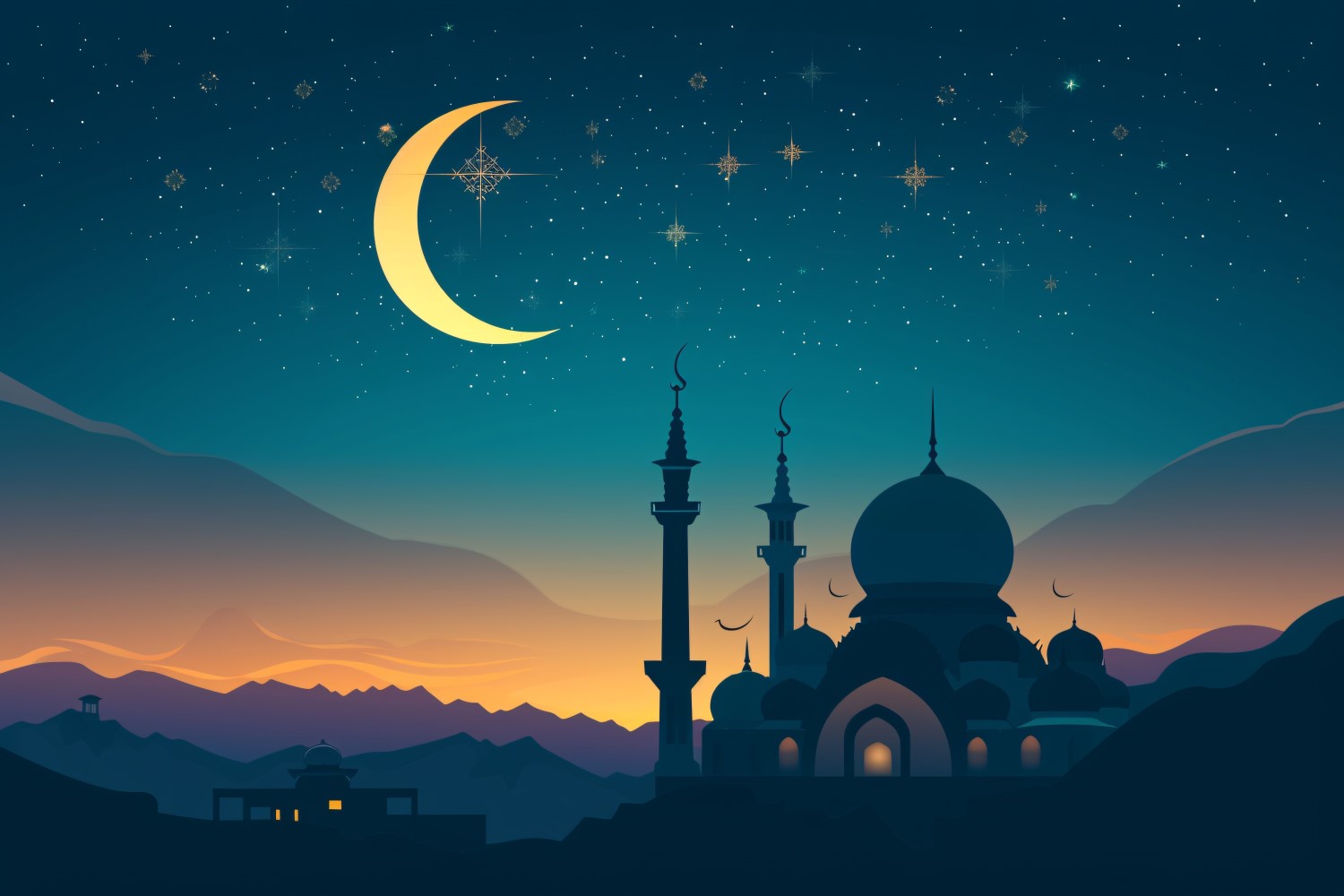 Ramadan Kareem greeting card banner design with Golden moon and Mosque minar