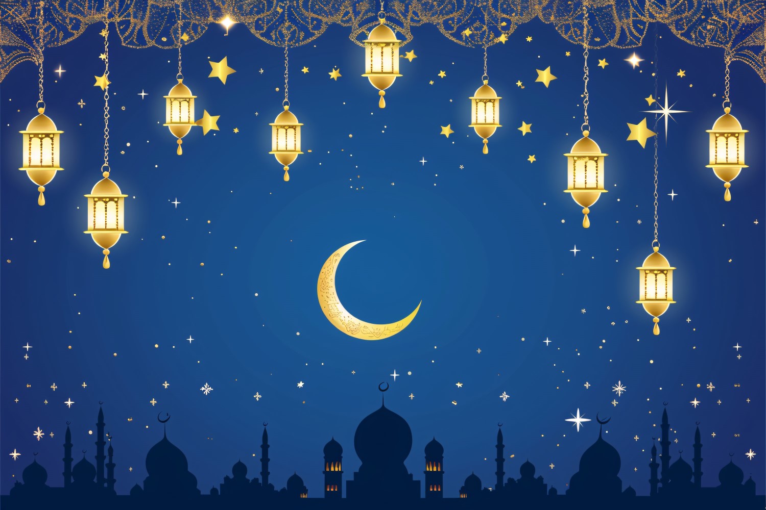 Ramadan Kareem greeting card banner design with Golden lantern moon and Mosque minar