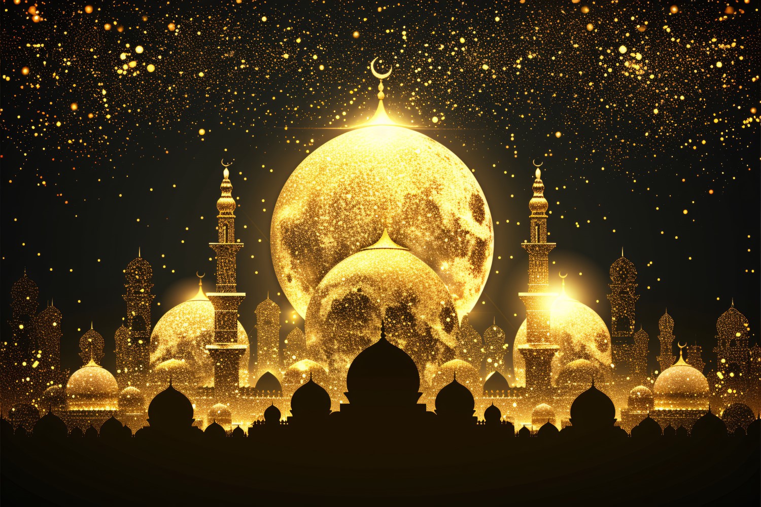 Ramadan Kareem greeting banner design with Golden colors glitter & moon and Mosque minar