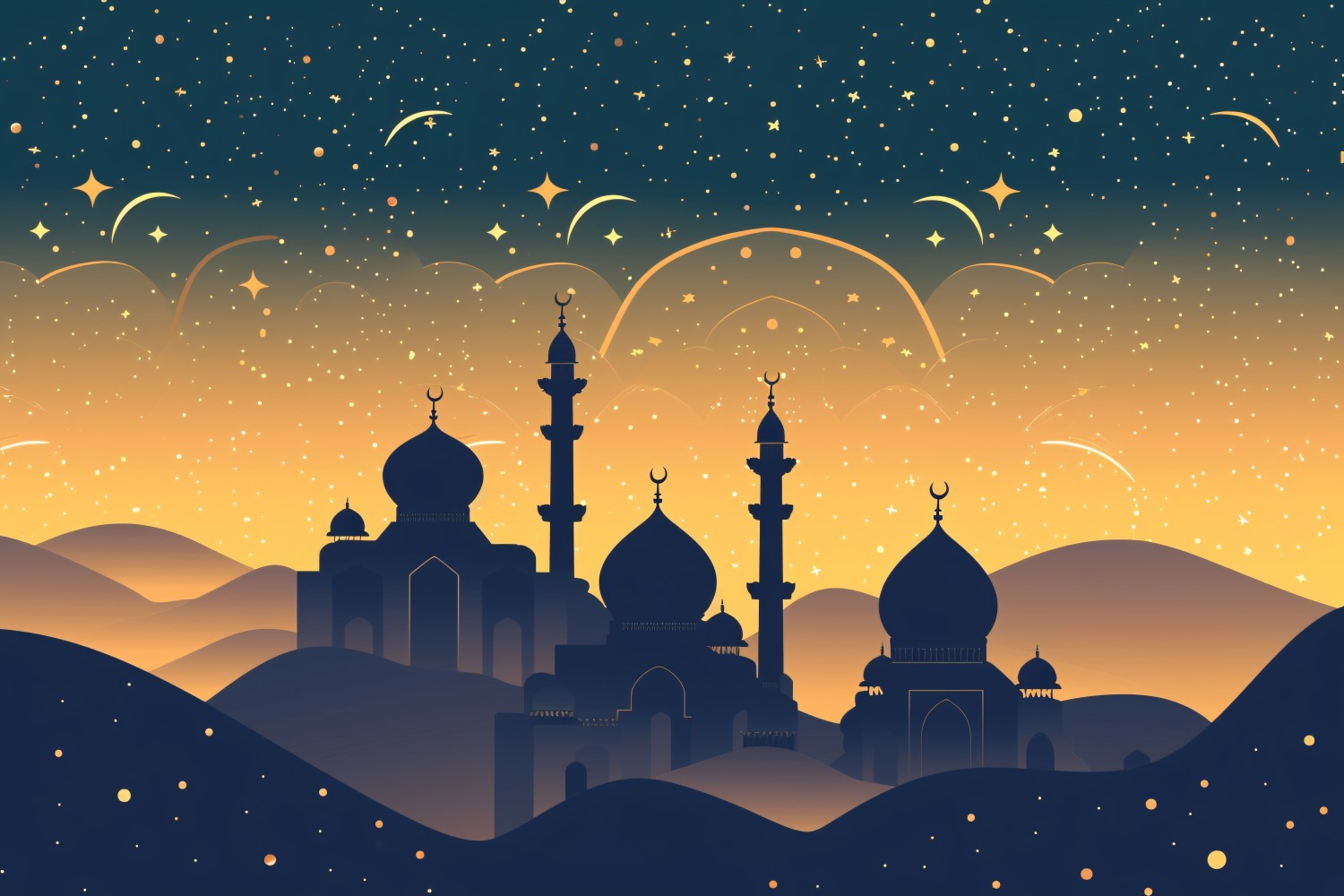 Ramadan Kareem greeting banner design with Golden colors glitter and Mosque minar in the desert