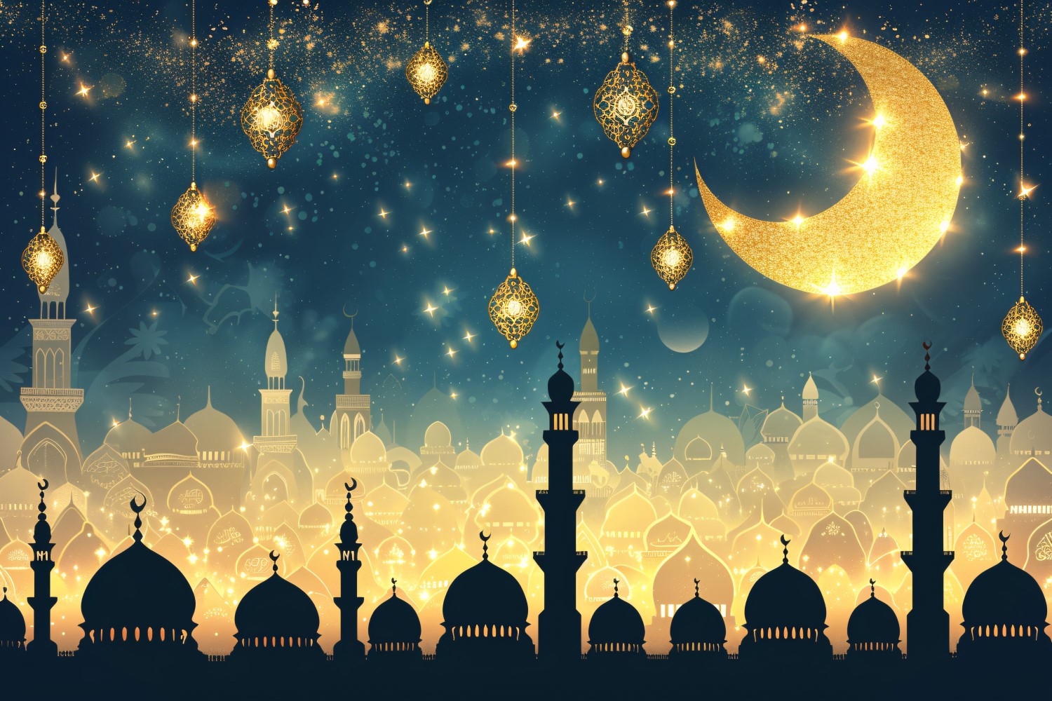 Ramadan Kareem greeting card banner poster design with Golden lantern moon and Mosque minar