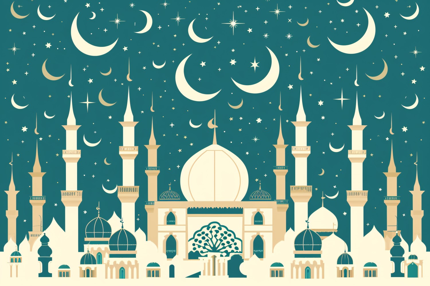 Ramadan Kareem greeting banner design with white and creem colors moon and Mosque minar