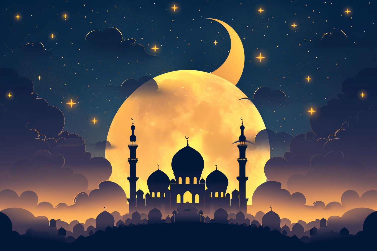 Ramadan Kareem greeting banner design with golden moon and Mosque minar.